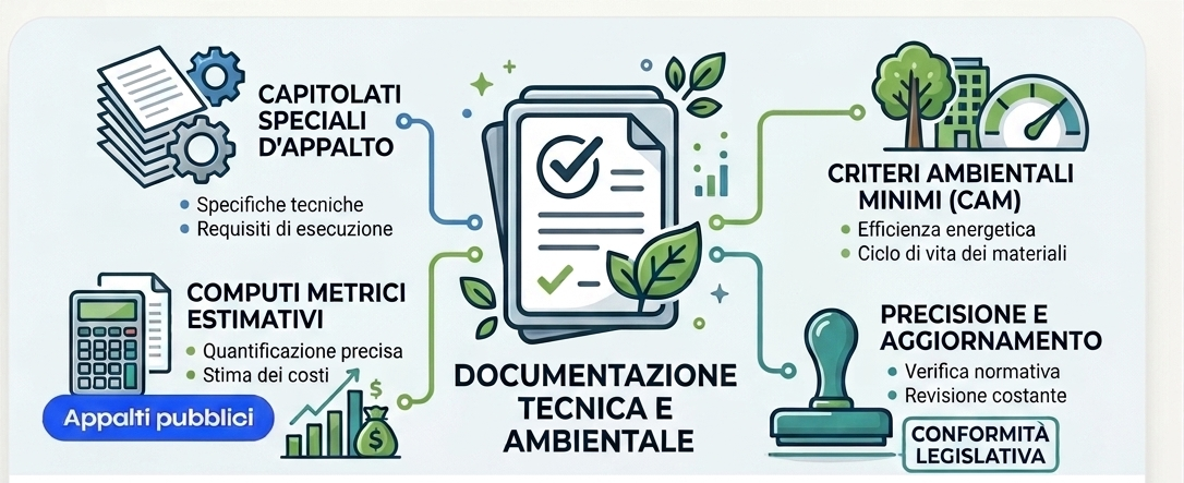 Schema della documentazione tecnica e ambientale per appalti pubblici: capitolati, computi metrici, criteri ambientali minimi, conformità