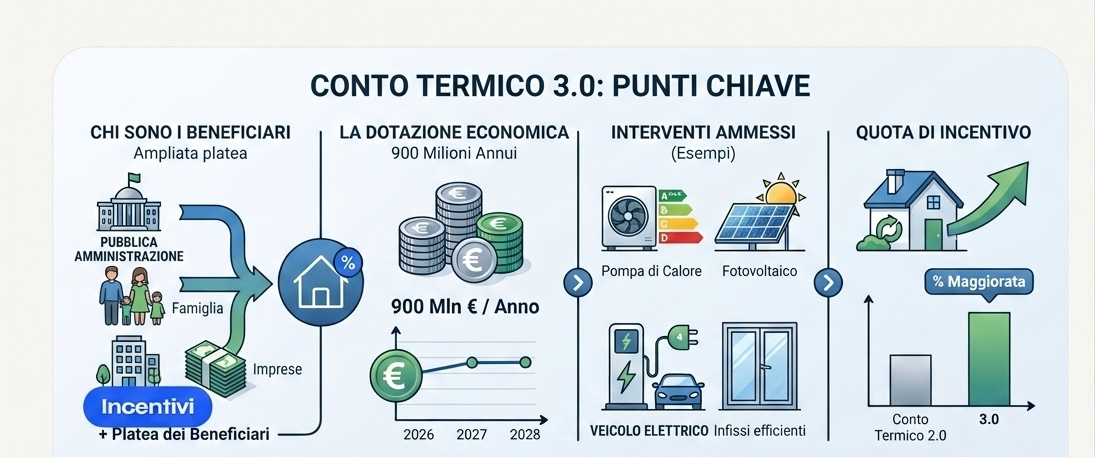Schema riassuntivo Conto Termico 3.0: beneficiari, dotazione economica, interventi ammessi e quota di incentivo
