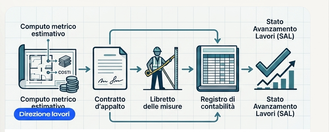 Schema del controllo economico di cantiere: computo metrico, contratto, libretto delle misure, registro di contabilità, SAL