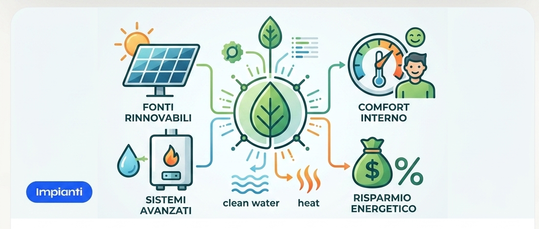 Schema di progettazione impiantistica efficiente: fonti rinnovabili, sistemi avanzati, comfort interno, risparmio energetico